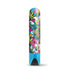 Compact blue bullet vibrator with colorful cannabis leaf and star pattern and black power button at base