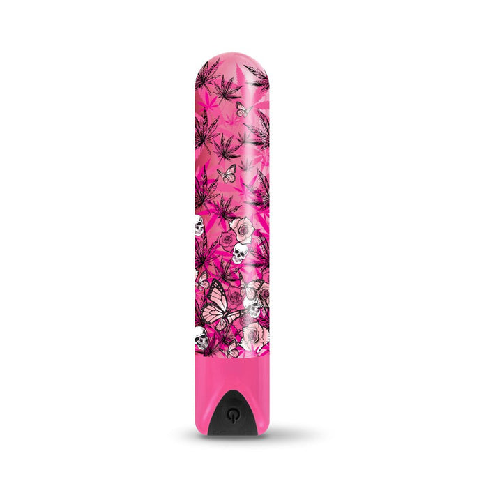 Pink rechargeable bullet vibrator with black cannabis leaf, butterfly, skull, and rose patterns and a black power button.