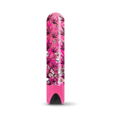 Pink rechargeable bullet vibrator with black cannabis leaf, butterfly, skull, and rose patterns and a black power button.