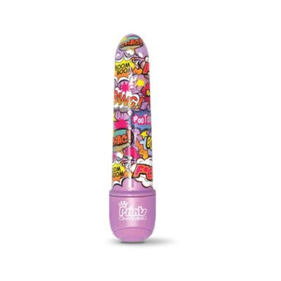 Compact 5-inch mini vibrator with colorful comic-style pop art design and purple base labeled Print Charming.