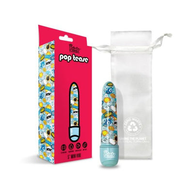Colorful 5-inch mini vibrator with comic-style pop art design, shown with pink box and white storage pouch.