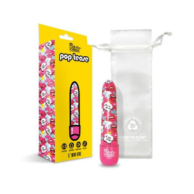Prints Charming Pop Tease 5-inch mini vibrator with colorful lips and speech bubble design, shown with packaging and storage pouch.