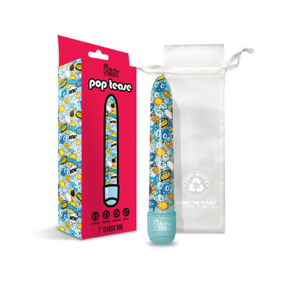 7-inch Prints Charming Pop Tease vibrator with colorful comic-style print, packaging, and white storage pouch.
