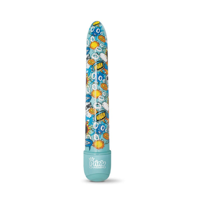 7-inch Prints Charming Pop Tease vibrator with colorful comic-style print and light blue base.