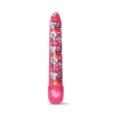 Pink 7-inch vibrator with colorful pop art lips and "Kiss Me!" text design, featuring a smooth classic shape.