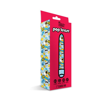 Packaging of Prints Charming Pop Tease 7-inch vibrator with colorful comic-style print and bright pink background.