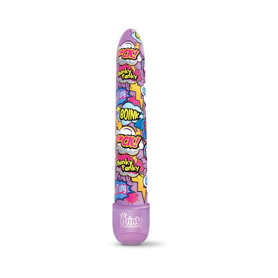 Purple vibrator with colorful comic-style print featuring words like "Boink" and "Hanky Panky" and a smooth rounded tip.