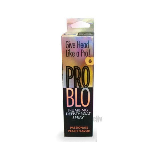 Pro Blo numbing deep throat spray box in peach flavor with colorful gradient design and bold text.