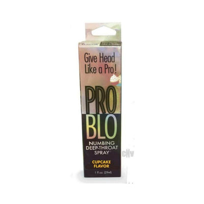 Pro Blo numbing deep-throat spray in cupcake flavor with colorful packaging and product details visible.