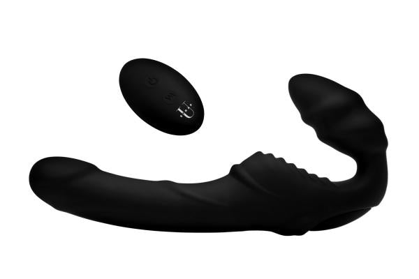 Black silicone strapless double-ended dildo with textured bulb and remote control for adjustable vibration.