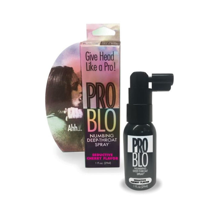 Problo numbing deep-throat spray in seductive cherry flavor with black spray bottle and colorful packaging.