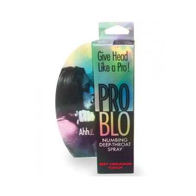 Packaging of Problo numbing deep-throat spray with colorful gradient and promotional text.
