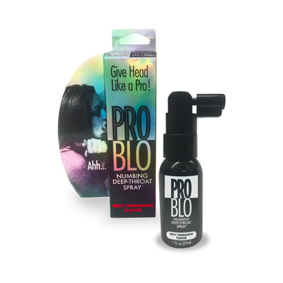 Problo numbing deep-throat spray bottle and packaging with colorful design and text promoting performance enhancement.
