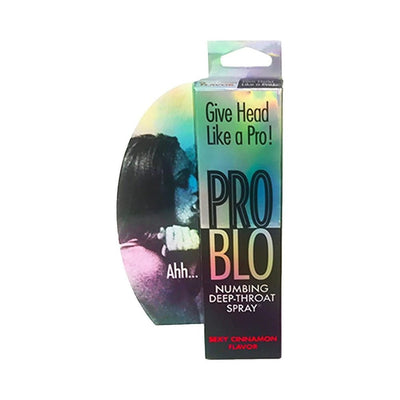 Problo Numbing Deep-Throat Spray in sexy cinnamon flavor with holographic packaging and promotional image of a woman.