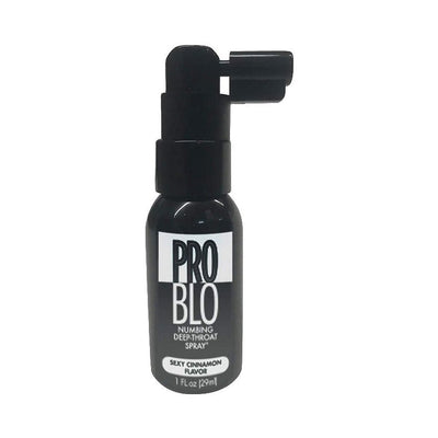 Problo numbing deep throat spray in black bottle with cinnamon flavor label and spray nozzle.