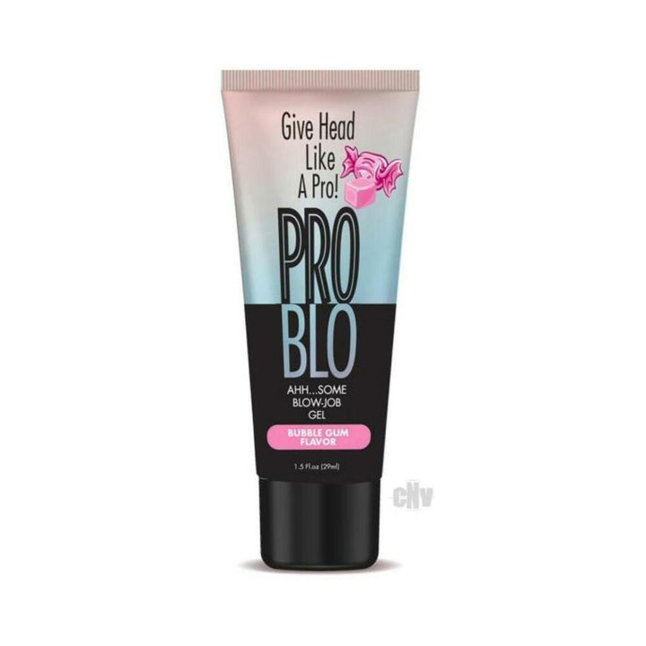 Tube of Problo Bubblegum flavored oral pleasure gel with playful text and candy illustration on label