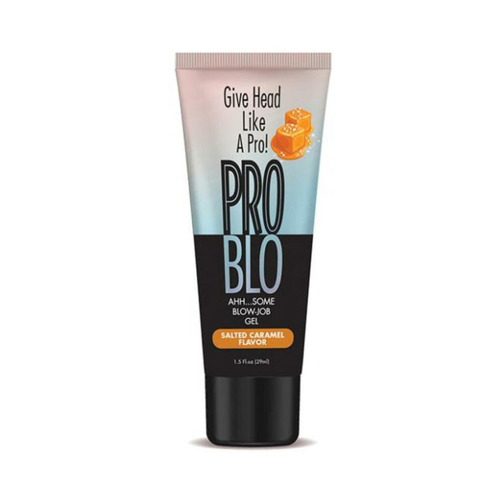 Tube of Problo oral pleasure gel in salted caramel flavor with caramel illustration on label