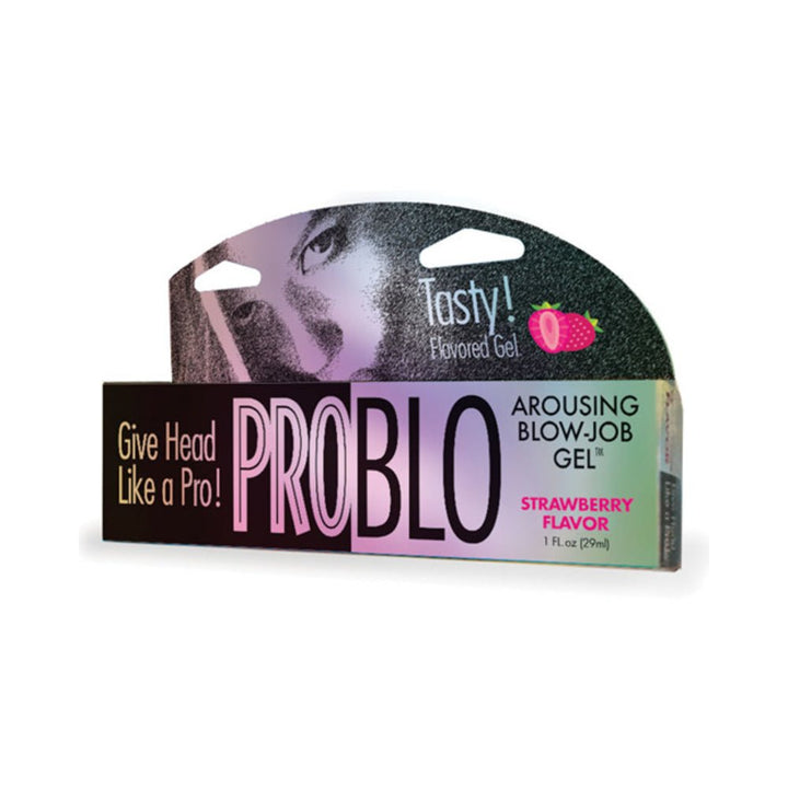 Problo Strawberry flavored arousing oral gel in 1 fl. oz. packaging with bold text and strawberry graphic on box.