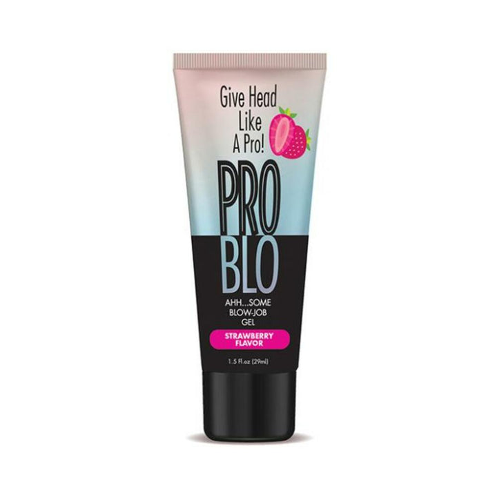 Tube of Problo strawberry flavored oral pleasure gel with colorful gradient packaging and black cap.