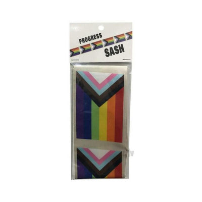 Packaged Progress Flag sash featuring vibrant rainbow and inclusive colors for pride celebrations and events.