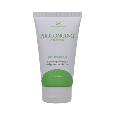 Tube of Prolonging Delay Cream with ginseng for enhanced performance and partner satisfaction, 2oz size.