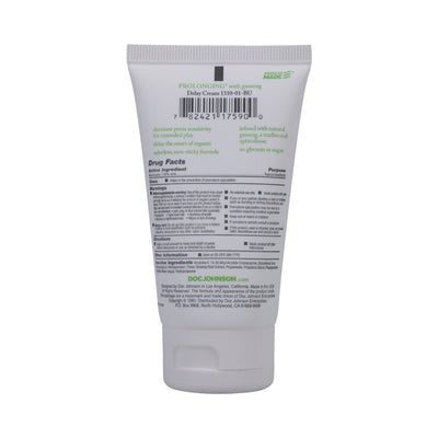 Back view of Proloonging Creme 2oz tube showing product details and usage instructions