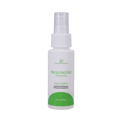 Proloonging Delay Spray 2oz white bottle with green label and clear spray cap for enhanced endurance.