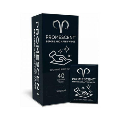Promescent Before and After Wipes 40-pack box with individual aloe vera soothing wipe packet displayed.