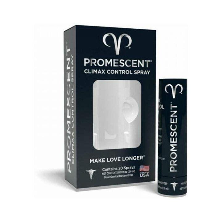 Promescent Climax Control Spray packaging and 0.09 oz spray bottle for male genital desensitizer, made in the USA.