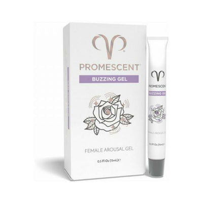 Promescent Female Arousal Buzzing Gel 0.5 oz tube and packaging with floral design on white background