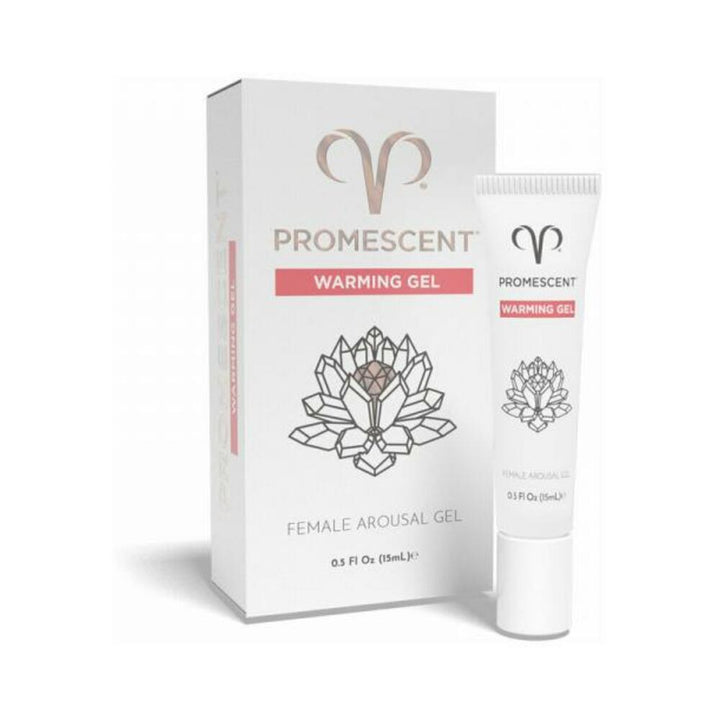 Promescent Female Arousal Warming Gel 0.5 oz tube with white and rose gold packaging and crystal design.