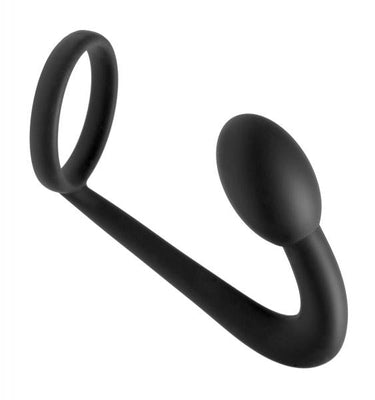 Black silicone prostate plug with attached cock ring designed for targeted stimulation and erection support.