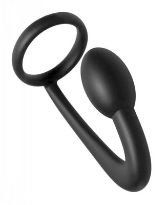 Black silicone prostate plug with attached cock ring designed for targeted stimulation and erection support.