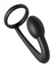 Black silicone prostate plug with attached cock ring designed for targeted stimulation and erection support.