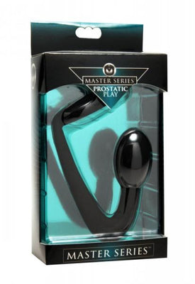 Black silicone prostatic explorer with cock ring and prostate plug in clear display box from Master Series.