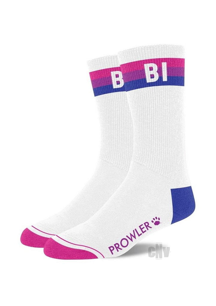 White crew socks with pink, purple, and blue Bi Pride stripes and Prowler logo on the foot and cuff.