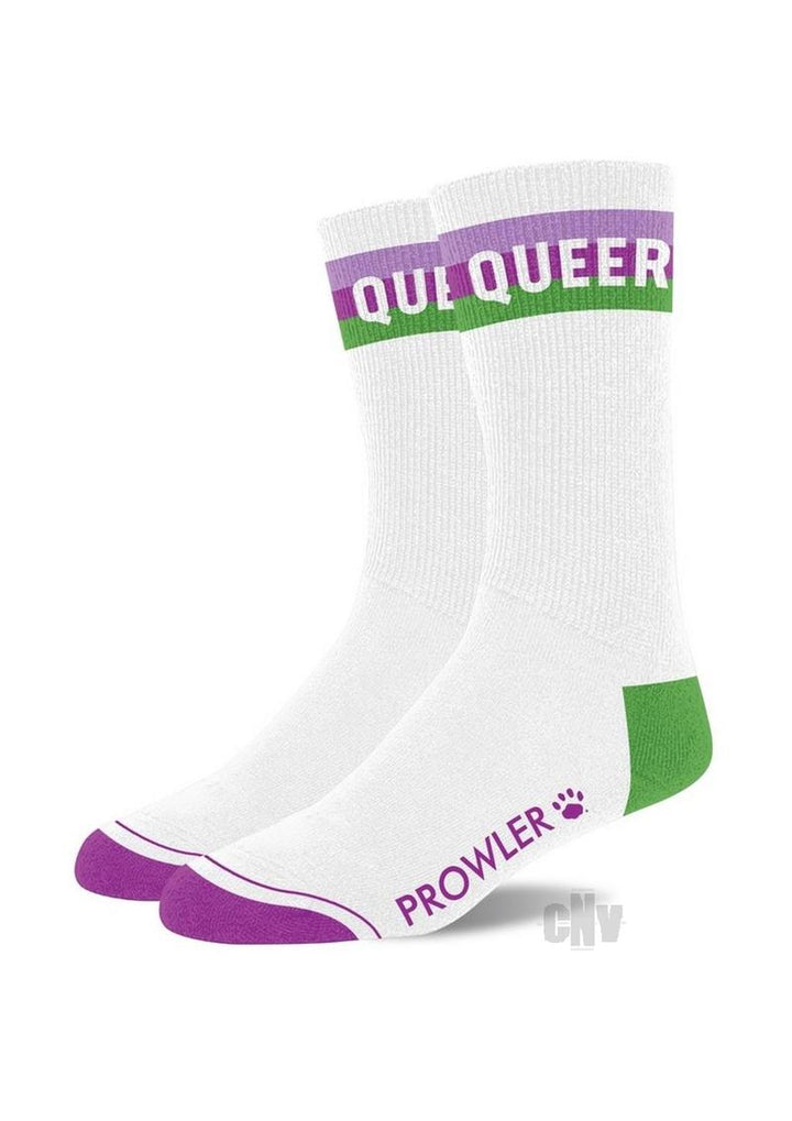 White crew socks with purple toes, green heels, and "QUEER" text in purple and green bands at the top, featuring the Prowler logo.