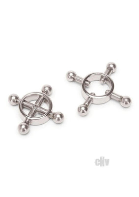 Pair of stainless steel Prowler Red 4 Way Screw Nipple Clamps with adjustable screws on white background.