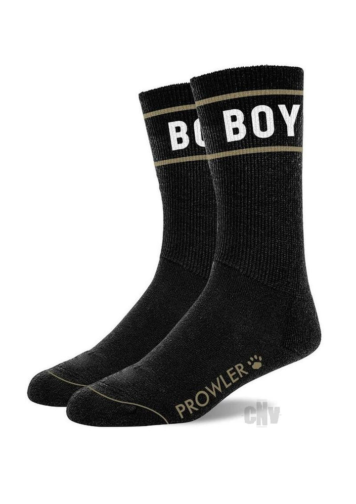 Pair of black mid-calf socks with white "BOY" lettering and beige "PROWLER" branding on the foot.