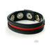 Black leather strap with red stripe and three metal snap fasteners for adjustable fit.