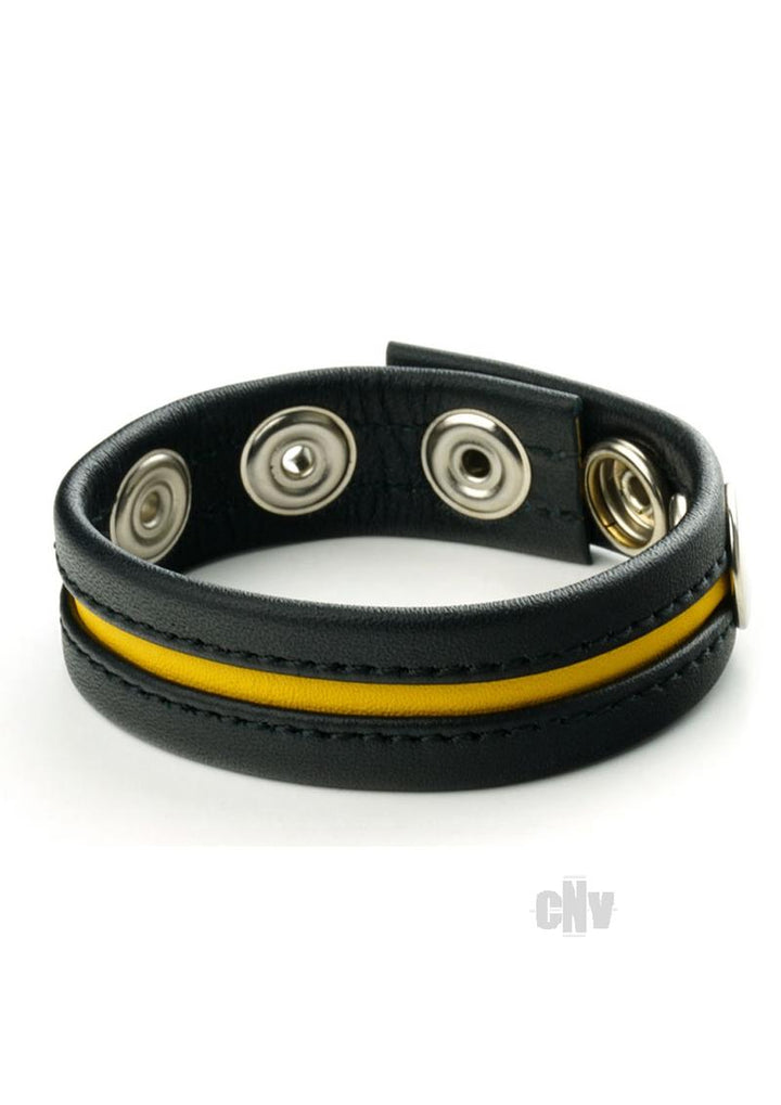 Black leather strap with yellow stripe and three metal snap fasteners for adjustable fit accessory.