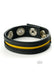Black leather strap with yellow stripe and three metal snap fasteners for adjustable fit accessory.
