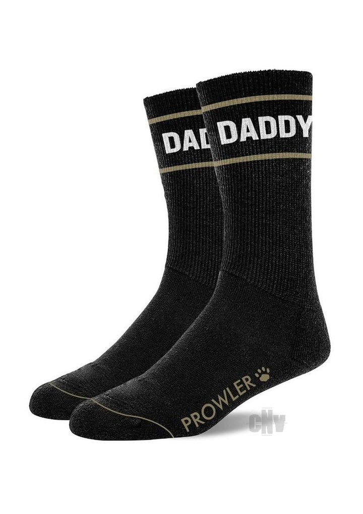 Pair of black crew socks with white "DADDY" lettering at the top and "PROWLER" logo on the sole in beige.