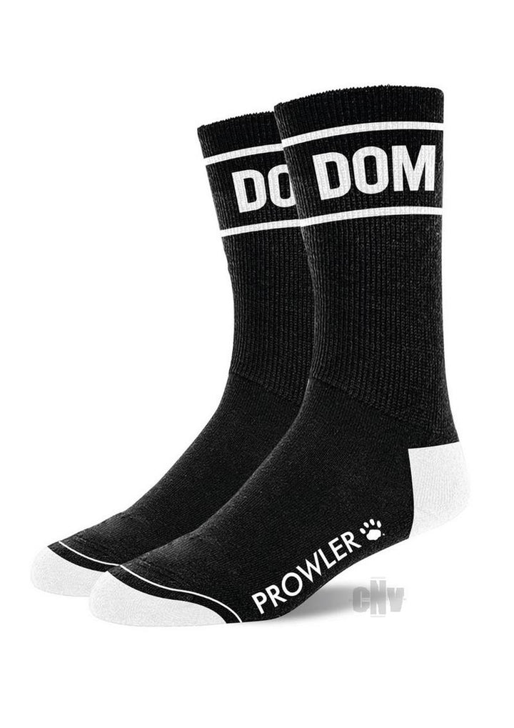 Black crew socks with white heels, toes, and bold "DOM" lettering at the top, featuring "PROWLER" text on the foot.
