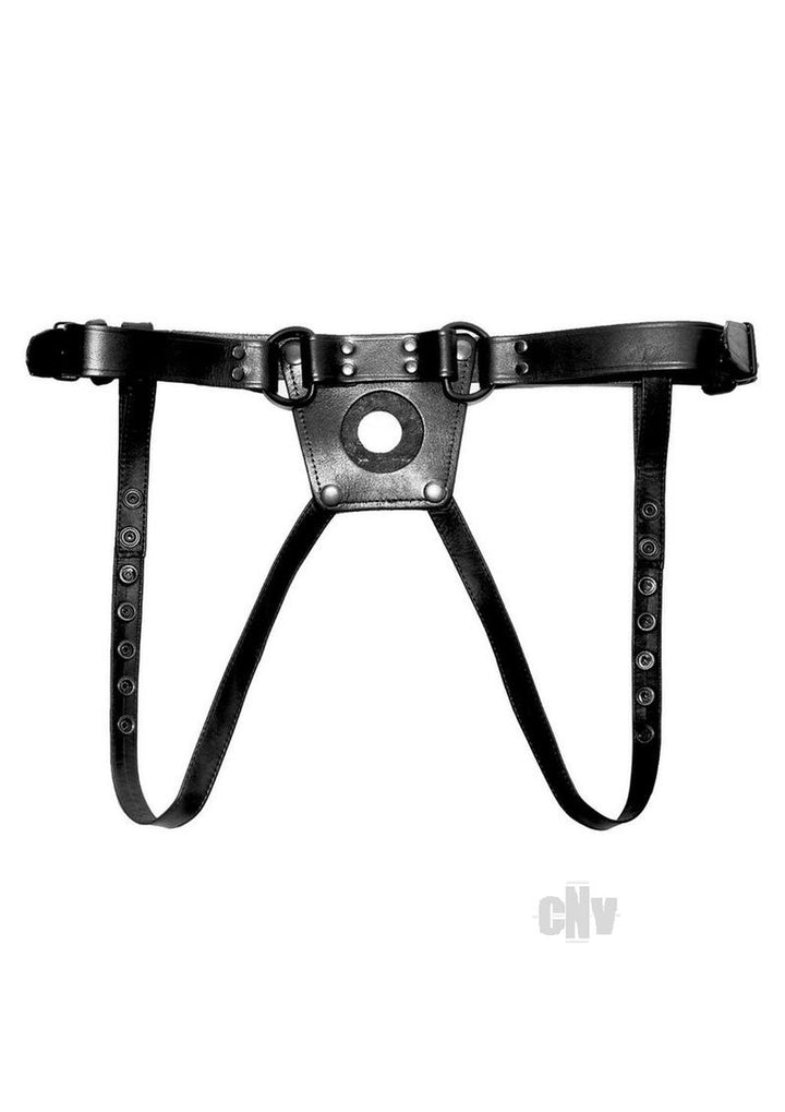 Black leather adjustable harness with central ring and snap closures for secure fit.