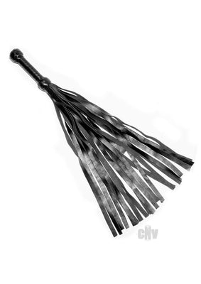 Black leather flogger with multiple supple tails and a wrapped handle for grip, 26 inches long.