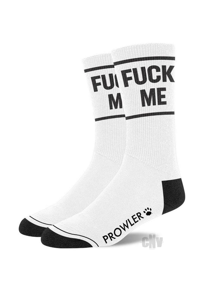 White crew socks with black toe and heel accents, bold black text design, and Prowler branding on the side.