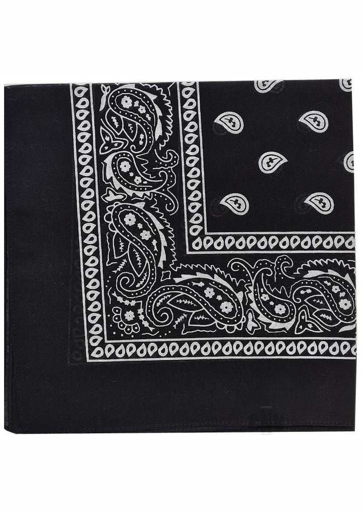 Black bandana with white paisley and decorative border pattern, folded neatly on a white background.