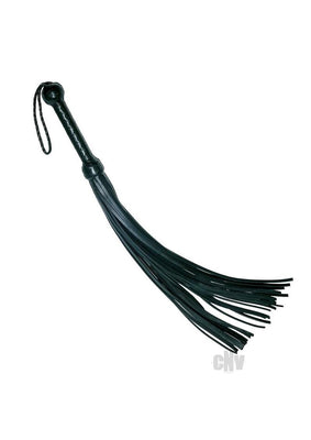 Black leather whip with braided handle and multiple long tails, featuring a wrist loop for secure grip.