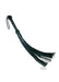 Black leather whip with braided handle and multiple long tails, featuring a wrist loop for secure grip.